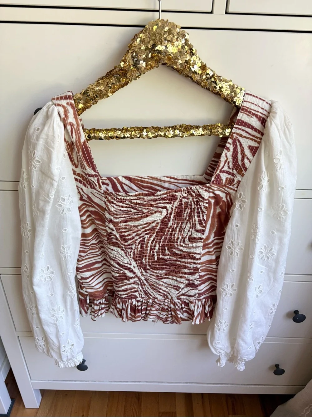 Love the Label Puff Eyelet Sleeve Zebra Print Blouse